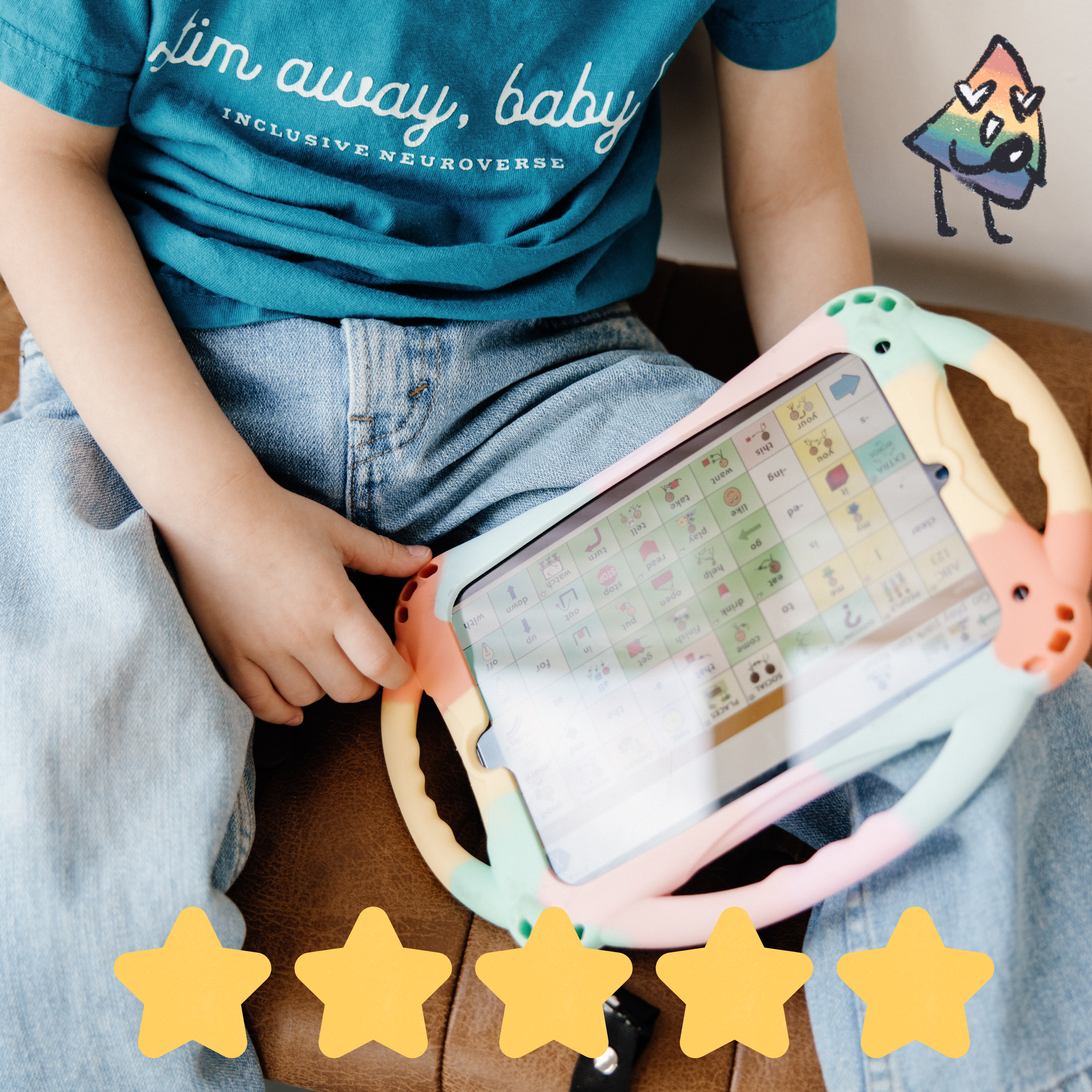 boy wearing a blue stim away baby shirt. holding an aac device. 5 yellow star rating.